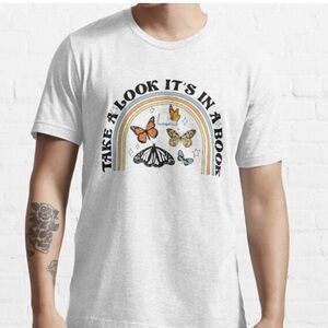 "TAKE A LOOK IT'S IN A BOOK" reading rainbow butterfly tee shirt size large FLAW